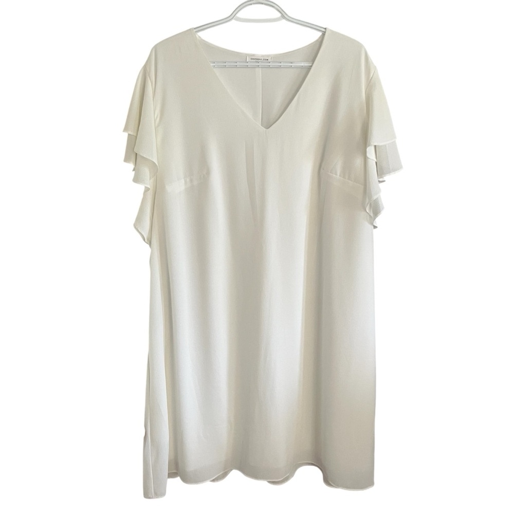 White V-Neck Ruffle Sleeve Shift Dress